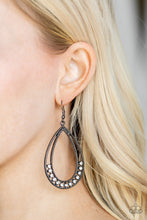 Load image into Gallery viewer, Glittery white rhinestones collect at the bottom of an ornate gunmetal teardrop for an edgy look. Earring attaches to a standard fishhook fitting.  Sold as one pair of earrings. Always nickel and lead free.