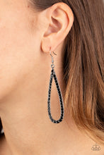 Load image into Gallery viewer, Glittery black rhinestones are encrusted along the front of an elongated silver teardrop, creating a glitzy lure. Earring attaches to a standard fishhook fitting.  Sold as one pair of earrings.  Always nickel and lead free.