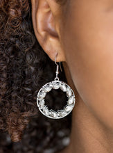 Load image into Gallery viewer, Featuring regal marquise style cuts, glittery white rhinestones are encrusted along a shimmery silver hoop for a radiant fashion. Earring attaches to a standard fishhook fitting.  Sold as one pair of earrings.  