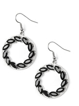 Load image into Gallery viewer, Featuring regal marquise style cuts, glittery black rhinestones are encrusted along a shimmery silver hoop for a radiant fashion. Earring attaches to a standard fishhook fitting.  Sold as one pair of earrings.
