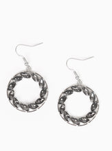 Load image into Gallery viewer, Featuring regal marquise style cuts, smoky rhinestones are encrusted along a shimmery silver hoop for a radiant fashion. Earring attaches to a standard fishhook fitting.  Sold as one pair of earrings.
