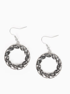 Featuring regal marquise style cuts, smoky rhinestones are encrusted along a shimmery silver hoop for a radiant fashion. Earring attaches to a standard fishhook fitting.  Sold as one pair of earrings.