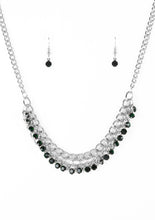 Load image into Gallery viewer, A fringe of glittery green rhinestones swings from the bottom of a bold silver chain below the collar for a fierce look. Features an adjustable clasp closure.  Sold as one individual necklace. Includes one pair of matching earrings.  Always nickel and lead free.