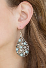 Load image into Gallery viewer, Vine-like filigree climbs a silver teardrop frame, creating a whimsical lure. Bubbly blue pearls and glittery white rhinestones are sprinkled across the frame for a refined finish. Earring attaches to a standard fishhook fitting.  Sold as one pair of earrings.  Always nickel and lead free.