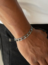 Load image into Gallery viewer, Shiny black cording knots around the ends of a gunmetal beveled cable chain that is wrapped across the top of the wrist for a versatile look. Features an adjustable sliding knot closure.  Sold as one individual bracelet.
