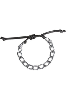 Shiny black cording knots around the ends of a gunmetal beveled cable chain that is wrapped across the top of the wrist for a versatile look. Features an adjustable sliding knot closure.  Sold as one individual bracelet.