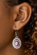 Load image into Gallery viewer, A pearly purple bead is pressed into the center of an ornate silver frame radiating with glassy white rhinestones for a regal look. Earring attaches to a standard fishhook fitting.  Sold as one pair of earrings.  Always nickel and lead free.