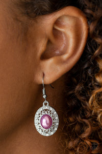 A pearly purple bead is pressed into the center of an ornate silver frame radiating with glassy white rhinestones for a regal look. Earring attaches to a standard fishhook fitting.  Sold as one pair of earrings.  Always nickel and lead free.