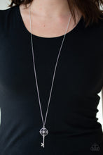 Load image into Gallery viewer, Dotted with a glittery white rhinestone, a vintage inspired key pendant swings from the bottom of an elegantly elongated silver chain for a whimsical look. Features an adjustable clasp closure.  Sold as one individual necklace. Includes one pair of matching earrings.  Always nickel and lead free.