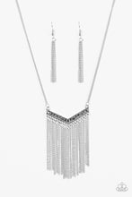 Load image into Gallery viewer, Encrusted in glittery hematite rhinestones, a V-shaped frame gives way to silver fringe. Infused with an elongated silver chain, the tapered fringe adds flirty movement to the piece, while elegantly lengthening the torso. Features an adjustable clasp closure.  Includes one pair of matching earrings.