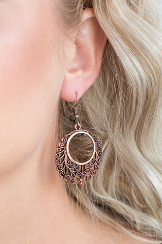 Brushed in an antiqued shimmer, vine-like filigree climbs a copper hoop for a seasonal look. Earring attaches to a standard fishhook fitting.  Sold as one pair of earrings.  Always nickel and lead free. 