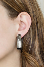 Load image into Gallery viewer, Brushed in a high-sheen finish, a glistening gunmetal frame sharply curls beneath the ear for a casual look. Earring attaches to a standard post fitting. Hoop measure 1&quot; in diameter.  Sold as one pair of hoop earrings.  Always nickel and lead free. 