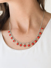 Load image into Gallery viewer, Vibrant Cherry Tomato beads are pressed into textured silver frames. The colorful beads swing from the bottom of a shimmery silver chain, creating a dainty fringe below the collar. Features an adjustable clasp closure.  Sold as one individual necklace. Includes one pair of matching earrings.