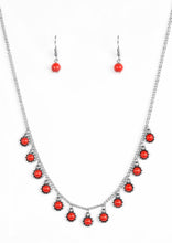 Load image into Gallery viewer, Vibrant Cherry Tomato beads are pressed into textured silver frames. The colorful beads swing from the bottom of a shimmery silver chain, creating a dainty fringe below the collar. Features an adjustable clasp closure.  Sold as one individual necklace. Includes one pair of matching earrings.