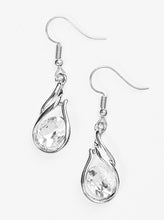 Load image into Gallery viewer, Moving in flame-like patterns, glistening silver bars enwrap around a tilted oval rhinestone, creating a refined lure. Earring attaches to a standard fishhook fitting.  Sold as one pair of earrings.