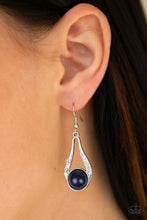 Load image into Gallery viewer, A pearly blue bead is nestled along the bottom of an elegant silver frame radiating with glassy white rhinestones for a timeless look. Earring attaches to a standard fishhook fitting.  Sold as one pair of earrings.  Always nickel and lead free. 