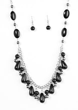 Load image into Gallery viewer, An array of black beads trickles down a shimmery silver chain for a whimsical look. Shiny silver beads are sprinkled between the colorful accents, adding classic shimmer to the seasonal palette. Features an adjustable clasp closure.  Sold as one individual necklace. Includes one pair of matching earrings.