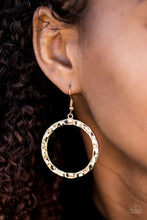 Load image into Gallery viewer, Delicately hammered in shimmery texture, a glistening gold hoop swings from the ear for a bold industrial look. Earring attaches to a standard fishhook fitting.  Sold as one pair of earrings.  Always nickel and lead free.