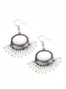 Opaque white crystal-like beads swing from the bottom of a studded round silver frame, creating a twinkling fringe. Earring attaches to a standard fishhook fitting.  Sold as one pair of earrings.