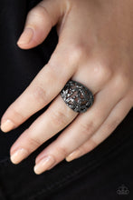 Load image into Gallery viewer, Glistening gunmetal filigree swirls across the finger for a seasonal look. Features a stretchy band for a flexible fit.  Sold as one individual ring.  Always nickel and lead free.