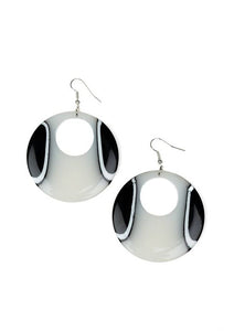 Swirling with dizzying black and white detail, a shiny acrylic hoop swings from the ear for a retro look. Earring attaches to a standard fishhook fitting.  Sold as one pair of earrings.