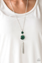 Load image into Gallery viewer, Swinging from the bottom of a glistening silver chain, glowing stacked moonstone pendants give way to a shimmery silver tassel for a refined look. Features an adjustable clasp closure.  Sold as one individual necklace. Includes one pair of matching earrings.  Always nickel and lead free.
