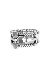 Load image into Gallery viewer, A trio of glittery hematite rhinestones are sprinkled along smooth and twisted silver bands, creating edgy layers across the finger. Features a stretchy band for a flexible fit.  Sold as one individual ring.  Always nickel and lead free.
