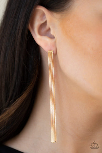 Attached to a dainty gold fitting, shimmery gold snake chains stream from the ear for a grunge-glamorous look. Earring attaches to a standard post fitting.  Sold as one pair of post earrings.  Always nickel and lead free.