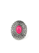 Load image into Gallery viewer, A glowing pink stone is pressed in the center of a dramatic silver frame radiating with shimmery sunburst details for a seasonal look. Features a stretchy band for a flexible fit.  Sold as one individual ring.  