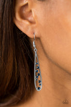 Load image into Gallery viewer, Dainty blue rhinestones tumble down the center of a shimmery silver teardrop, creating an elegant lure. Earring attaches to a standard fishhook fitting.  Sold as one pair of earrings.   Always nickel and lead free
