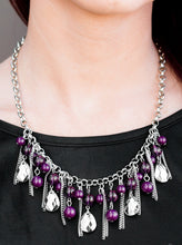 Load image into Gallery viewer, Polished and translucent purple beads trickle from the bottom of a bold silver chain for a splash of color. Infused with strands of silver chain, faceted silver teardrops drip from the purple beading, creating a fierce fringe below collar. Features an adjustable clasp closure.  Sold as one individual necklace. Includes one pair of matching earrings.