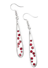 Load image into Gallery viewer, Dainty red rhinestones tumble down the center of a shimmery silver teardrop, creating an elegant lure. Earring attaches to a standard fishhook fitting.  Sold as one pair of earrings.
