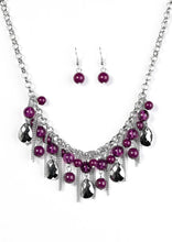 Load image into Gallery viewer, Polished and translucent purple beads trickle from the bottom of a bold silver chain for a splash of color. Infused with strands of silver chain, faceted silver teardrops drip from the purple beading, creating a fierce fringe below collar. Features an adjustable clasp closure.  Sold as one individual necklace. Includes one pair of matching earrings.