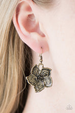 Load image into Gallery viewer, Brushed in an antiqued shimmer, a glistening tropical flower swings from the ear in a whimsical fashion. Earring attaches to a standard fishhook fitting.  Sold as one pair of earrings.  Always nickel and lead free.