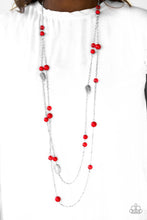 Load image into Gallery viewer, Featuring faceted silver accents, glassy and polished red beads trickle along strands of shimmery silver chains for a seasonal look. Features an adjustable clasp closure.  ﻿Sold as one individual necklace. Includes one pair of matching earrings.  Always nickel and lead free.