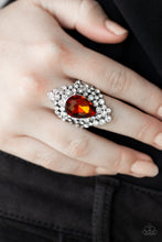 Load image into Gallery viewer, Featuring a regal teardrop cut, a glittery gem is pressed into the center of a sparkling backdrop of glassy white rhinestones, creating a blinding centerpiece atop the finger. Features a stretchy band for a flexible fit.  Sold as one individual ring.  Always nickel and lead free.