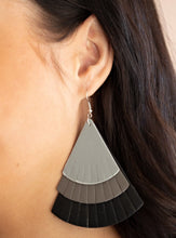 Load image into Gallery viewer, Featuring tapered edges, Ultimate Gray, gray, and black leather triangular frames delicately overlap into a colorfully rustic frame. Earring attaches to a standard fishhook fitting.  Sold as one pair of earrings.
