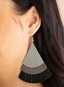 Featuring tapered edges, Ultimate Gray, gray, and black leather triangular frames delicately overlap into a colorfully rustic frame. Earring attaches to a standard fishhook fitting.  Sold as one pair of earrings.