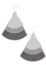 Load image into Gallery viewer, Featuring tapered edges, Ultimate Gray, gray, and black leather triangular frames delicately overlap into a colorfully rustic frame. Earring attaches to a standard fishhook fitting.  Sold as one pair of earrings.