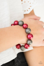 Load image into Gallery viewer,  Dusted in glitter, sparkling gunmetal and pearly red beads are threaded along a stretchy band around the wrist for a glamorous look.  Sold as one individual bracelet. Always nickel and lead free.