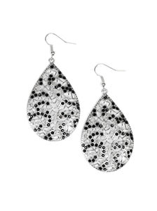 Dainty black rhinestones are sprinkled across a shimmery silver teardrop radiating with stenciled filigree for a whimsical look. Earring attaches to a standard fishhook fitting.  Sold as one pair of earrings.  