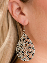 Load image into Gallery viewer, Dainty black rhinestones are sprinkled across a shimmery silver teardrop radiating with stenciled filigree for a whimsical look. Earring attaches to a standard fishhook fitting.  Sold as one pair of earrings.  