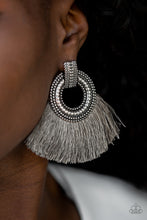 Load image into Gallery viewer, A plume of shiny gray thread flares out from the bottom of an ornate silver fitting, creating a fierce fringe. Earring attaches to a standard post fitting.  Sold as one pair of post earrings.  Always nickel and lead free.