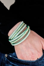 Load image into Gallery viewer, Rows of glassy white rhinestones and glistening gold studs are pressed along three strands of minty green suede for a sassy look. The elongated band allows for a trendy double wrap design. Features an adjustable snap closure.  Sold as one individual bracelet.  Always nickel and lead free.