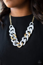 Load image into Gallery viewer, Featuring a faux marble finish, smoky white acrylic links connect with shiny metallic links below the collar for a colorful statement-making look. Features an adjustable clasp closure.  Sold as one individual necklace. Includes one pair of matching earrings.  Always nickel and lead free.