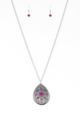 Load image into Gallery viewer, A dramatic teardrop pendant swings from the bottom of an elongated silver chain, elegantly slimming the torso. Glittery blue and pink rhinestones are sprinkled along the pendant as silver filigree dances across the center, creating a regal floral pattern. Features an adjustable clasp closure.  Sold as one individual necklace. Includes one pair of matching earrings.