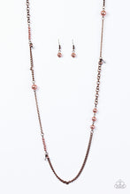Load image into Gallery viewer, Varying in size and shimmer, pearly copper beads trickle along mismatched sections of copper chain in a refined fashion. Crystal-like beads dangle from the chain, creating flashes of asymmetrical sparkle. Features an adjustable clasp closure.  Sold as one individual necklace. Includes one pair of matching earrings.
