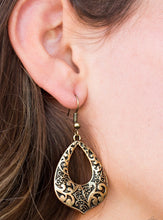 Load image into Gallery viewer, Brushed in an antiqued shimmer, shiny brass vines climb a teardrop-shaped lure for a whimsical look. Earring attaches to a standard fishhook fitting.  Sold as one pair of earrings.