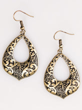 Load image into Gallery viewer, Brushed in an antiqued shimmer, shiny brass vines climb a teardrop-shaped lure for a whimsical look. Earring attaches to a standard fishhook fitting.  Sold as one pair of earrings.