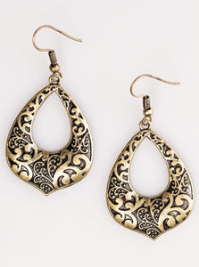 Brushed in an antiqued shimmer, shiny brass vines climb a teardrop-shaped lure for a whimsical look. Earring attaches to a standard fishhook fitting.  Sold as one pair of earrings.